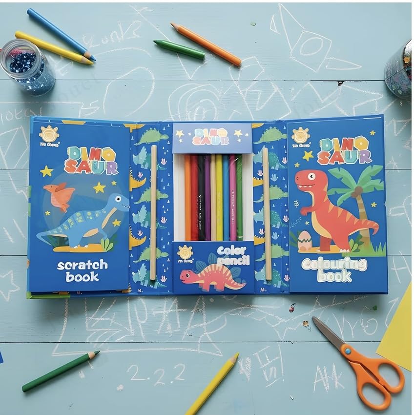 Image of Returngifts - Pack of 6 Coloring Book Sets for Kids birthday return gifts I Art & Craft Kit with Colouring Sheets, Pencils, Scratch book | Return Gifts for kids birthday party for age 3, 4, 5, 6, 7, 8, 9 years old. Random colour design