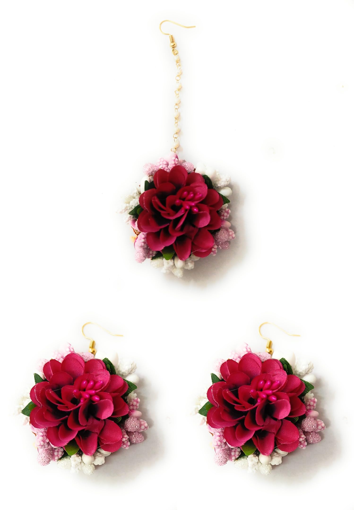 CRAnsh Creations; Crafted with Love Handmade flower maang tikka & earrings set for girls women jewellery set of 1 baby pink & hot pink shades of pink-image-11