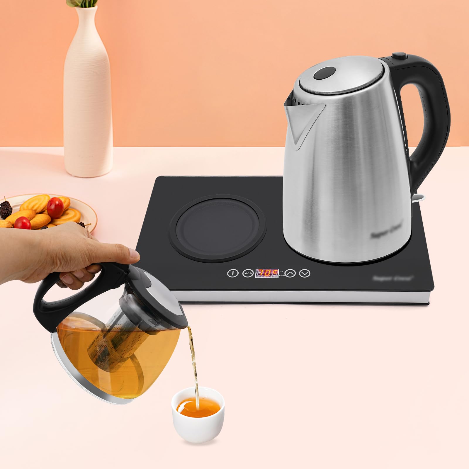 1500W Bollitore Elettrico Doppio Bruciatore(1.8L+1L), Bollitore Elettrico In Vetro 220-240V, Temperatura Regolabile 70-80℃, per Casa, Ufficio, Hotel, Nero/Trasparente/Argento