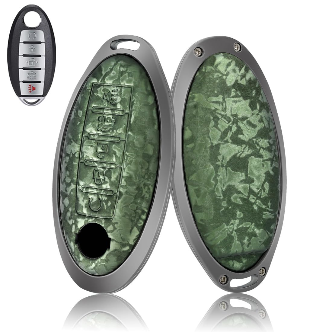 EnerCharge Silk Key Fob Cover Fit for Nissan,Zinc Alloy Border Key Case with Keychain,Car Accessories with 5-Buttons (Green)
