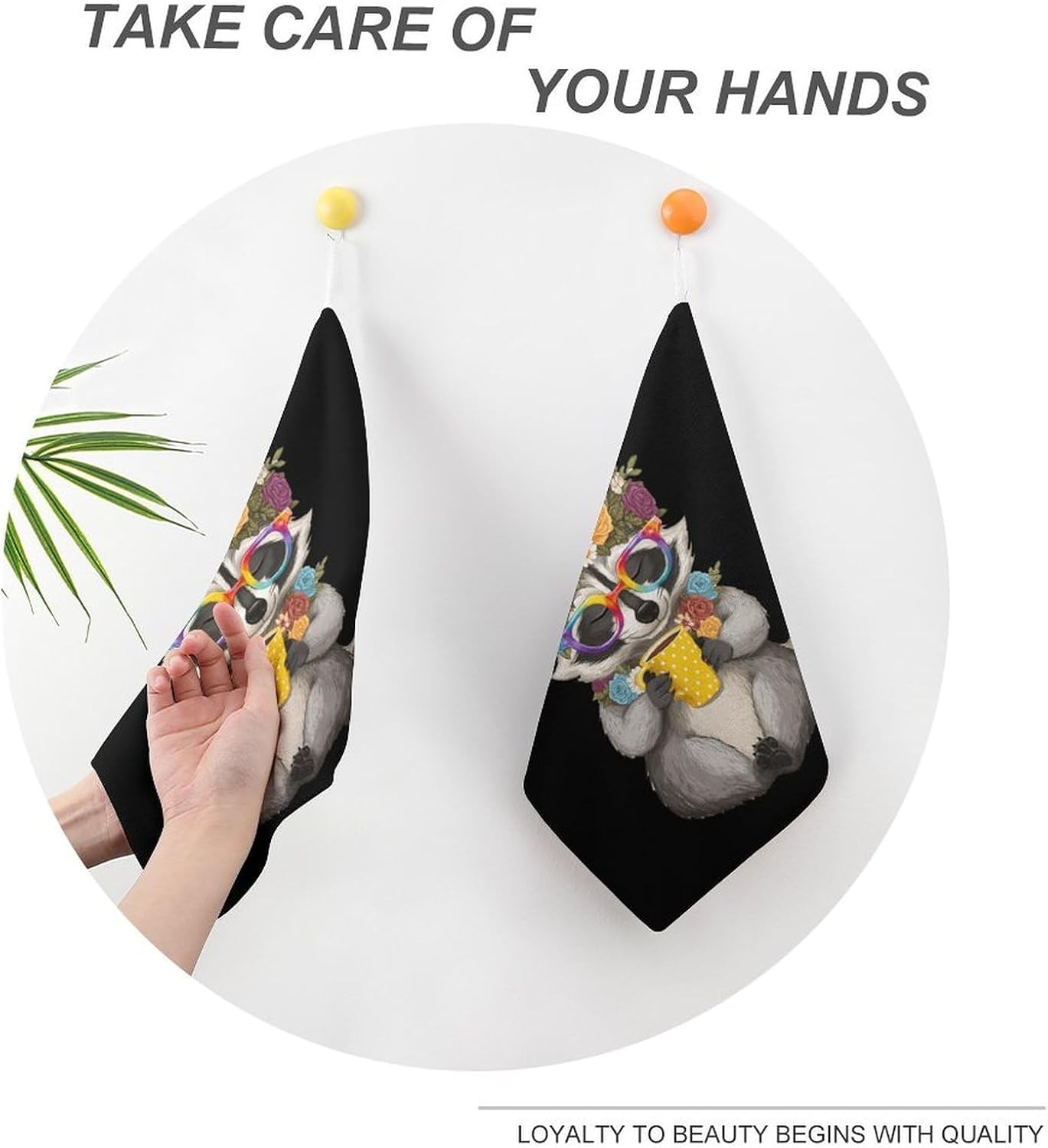 Animal Raccoon Coffee Microfiber Hand Towels for Bathroom Soft Absorbent Bath Kitchen Towel with Hanging Loop 4PCS