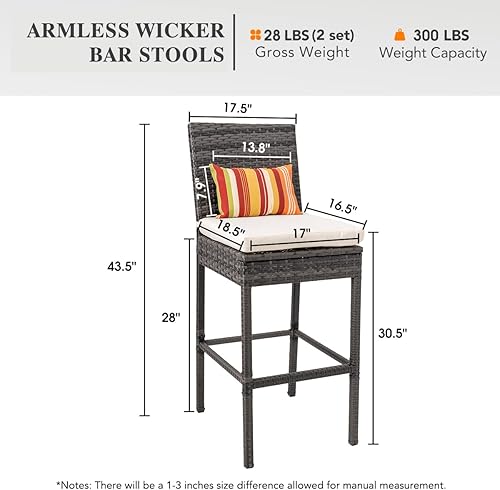 Miniatura 10 de Sundale Outdoor Juego de 2 taburetes de bar, 2 taburetes de bar de mimbre tejido sin brazos, sillas de bar para patio con almohada y cojín azul,
