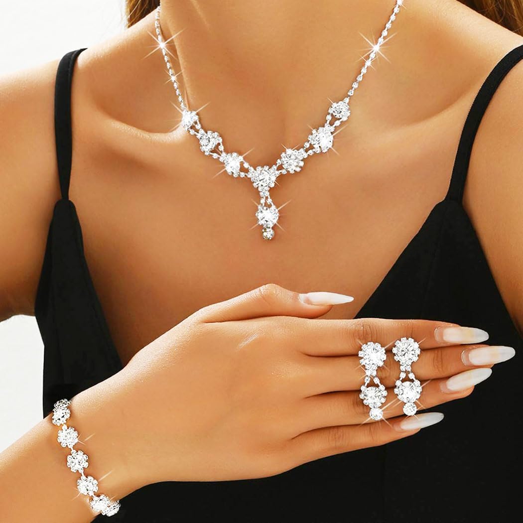 Aukmla Crystal Bridal Wedding Jewelry Set Rhinestones Necklace Earring Sets Prom Jewelry for Women and Brides - Image 3