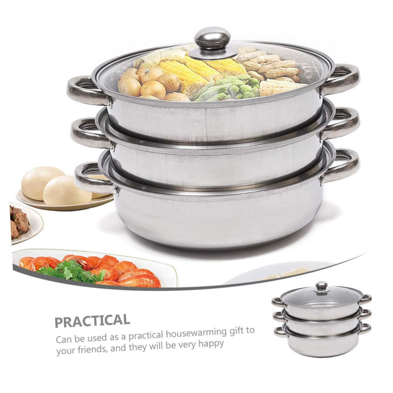 Alipis Olla Vaporera Utensilio de Cocina Multiuso Diseño Multicapa de 28 Cm de Acero Inoxidable y Tapa de Vidrio Adecuado para Cocinar al Vapor Verduras y Panecillos