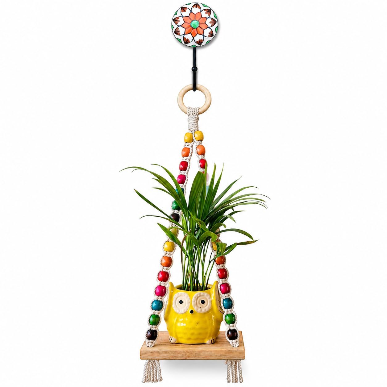 Kaameri Bazaar Handmade Macrame Wall Hanging Shelf with Multicolored Beads and Owl Pot – Boho Toran Style Decorative Wooden Swing for Home Entrance, Living Room & Balcony Décor-image-16