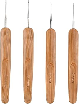 4Pcs Dreadlock Crochet Hooks for Hair 0.5/0.75mm with Bamboo Handles Braid Needles for Braiding Weaving Maintaining Dreadlocks DIY Hair Styling Tools for Locs Styling Accessories
