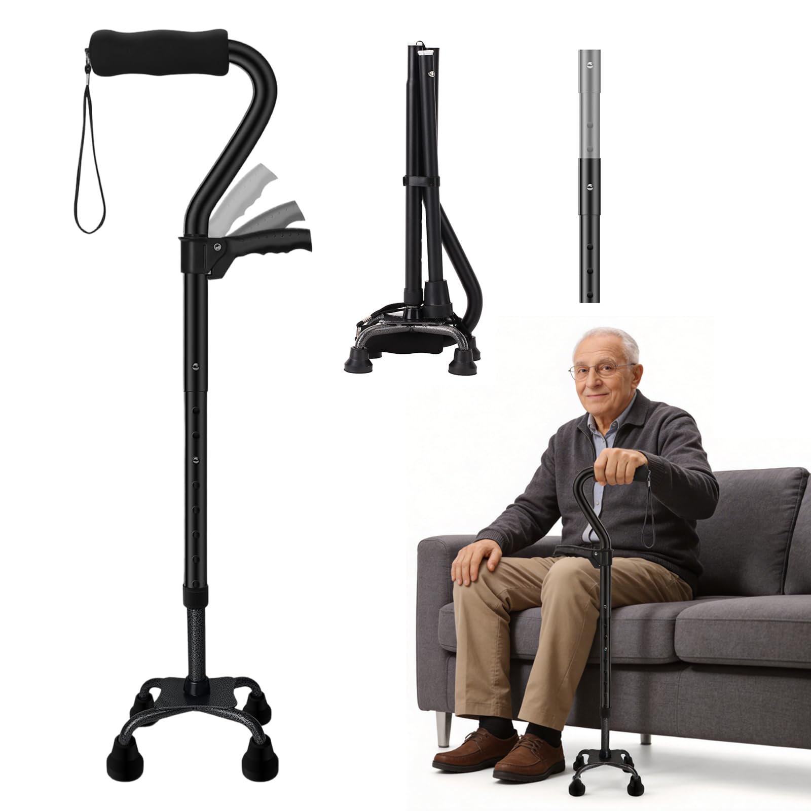 Bastone Pieghevole con Base a 4 Rebbi e Doppia Impugnatura - Aiuto alla Deambulazione Regolabile e Leggero per Donna/Uomo - Bastone Quad Stabile per Anziani e Adulti - Impugnatura Morbida Ergonomica