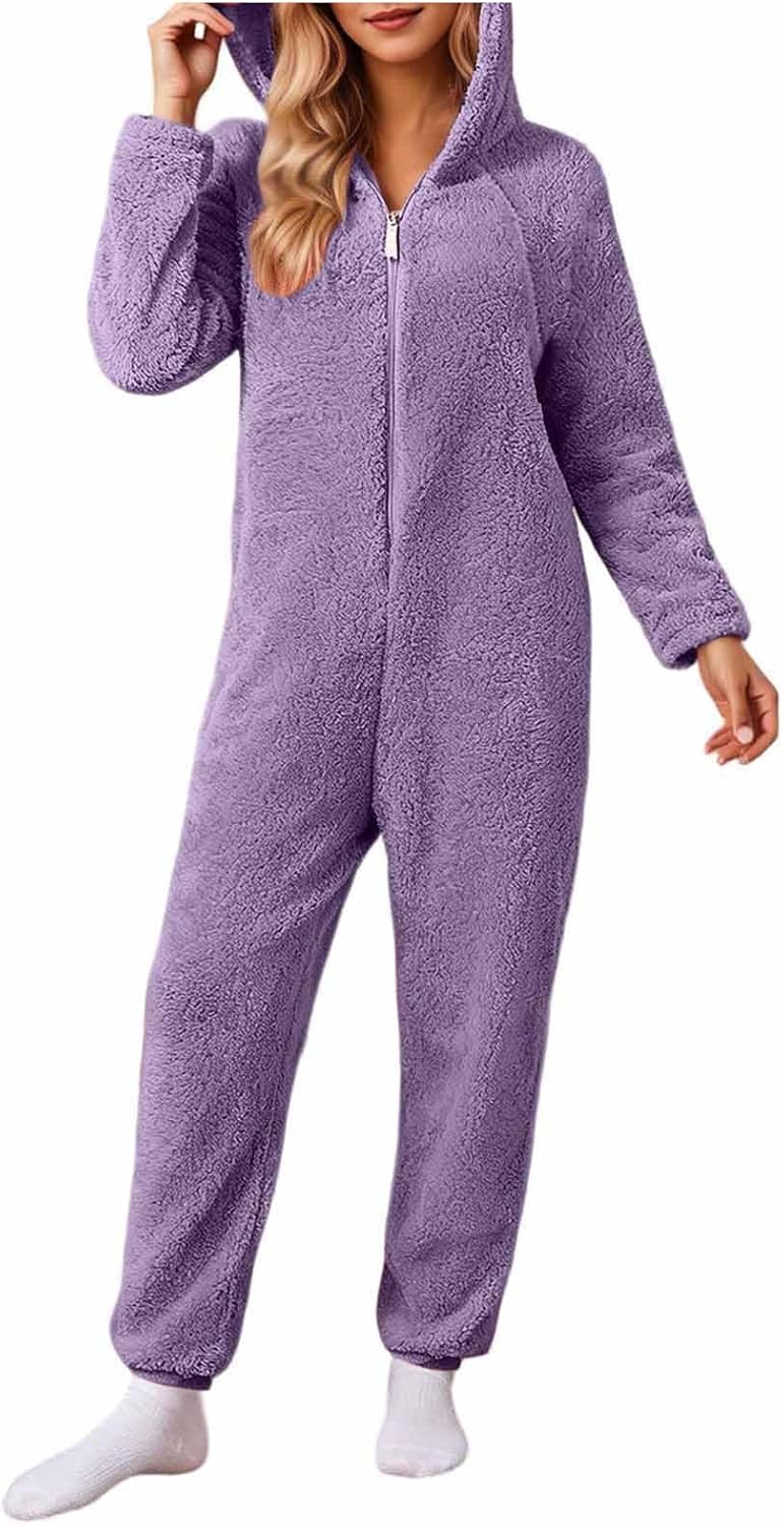 HGps8w Fleece Onesie Pajamas for Women Raglan Jumpsuit Warm Sherpa Fuzzy Romper Sleepwear One Piece Zipper Hooded Loungewear