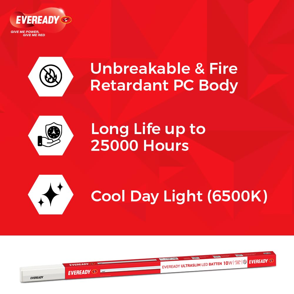 Eveready 10W LED Batten | Highly Efficient | 100lm/W | Fire Retardant PC Body | Lasts Upto 25000 Hours | Pack of 4 | 4kV Surge Protection | BIS Approved | Made in India | White, Cool Day Light 2