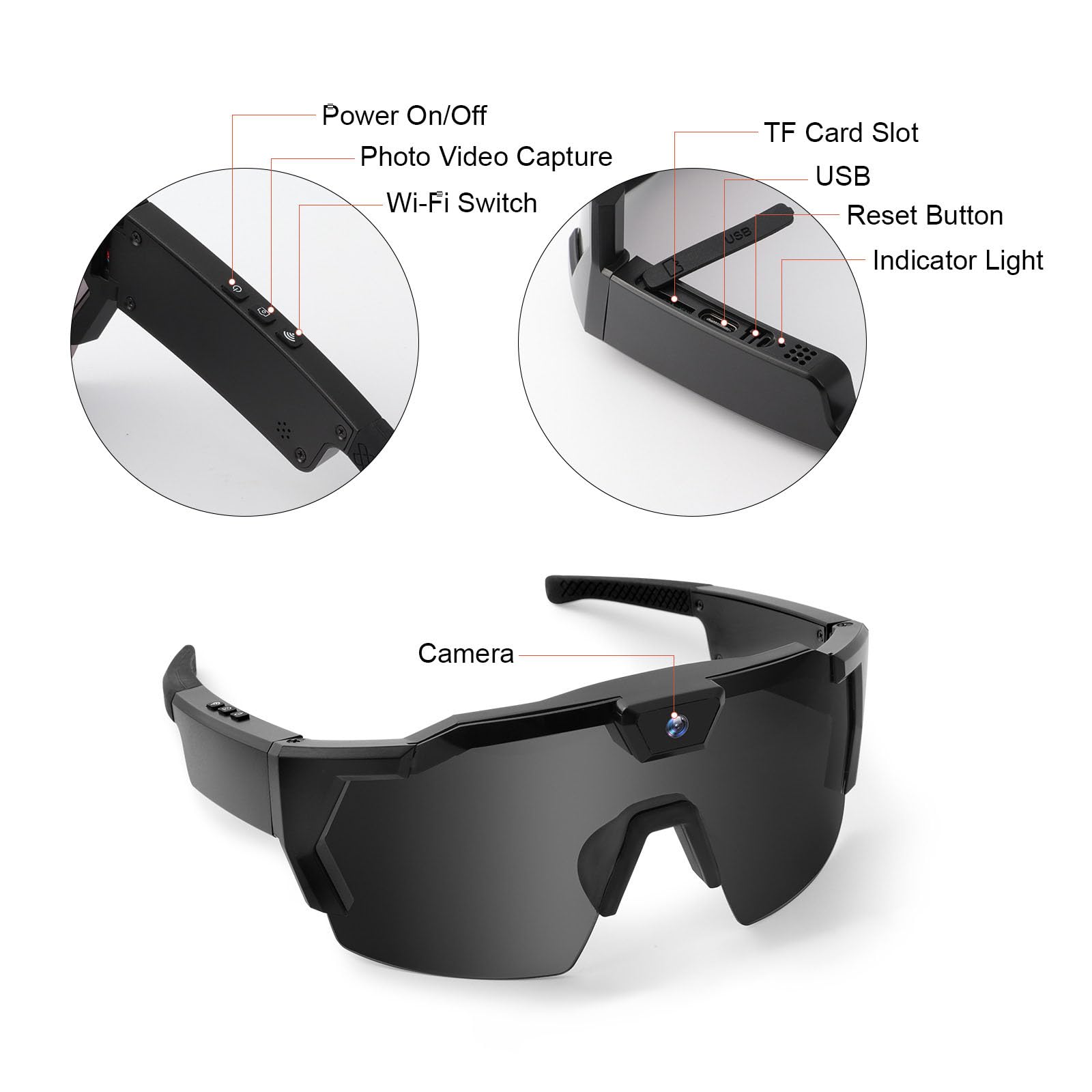 Occhiali da Corsa con Telecamera HD 1080P, Occhiali da Sole con Action Camera da 64G ROM, Ideali per Sport all'Aperto, Ciclismo e Viaggi, Adatti a Uomo e Donna
