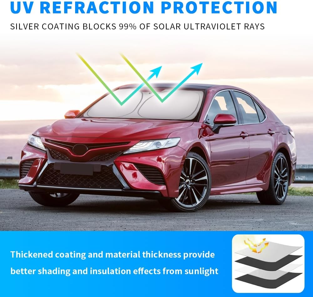 Front Windshield Sun Shade Custom Fit Compatible for Camry 2018-2023 Sunshade Foldable UV Ray Reflector Sun Visor Protector Accessories Shield Cover Reflective (for Camry 2018-2023)
