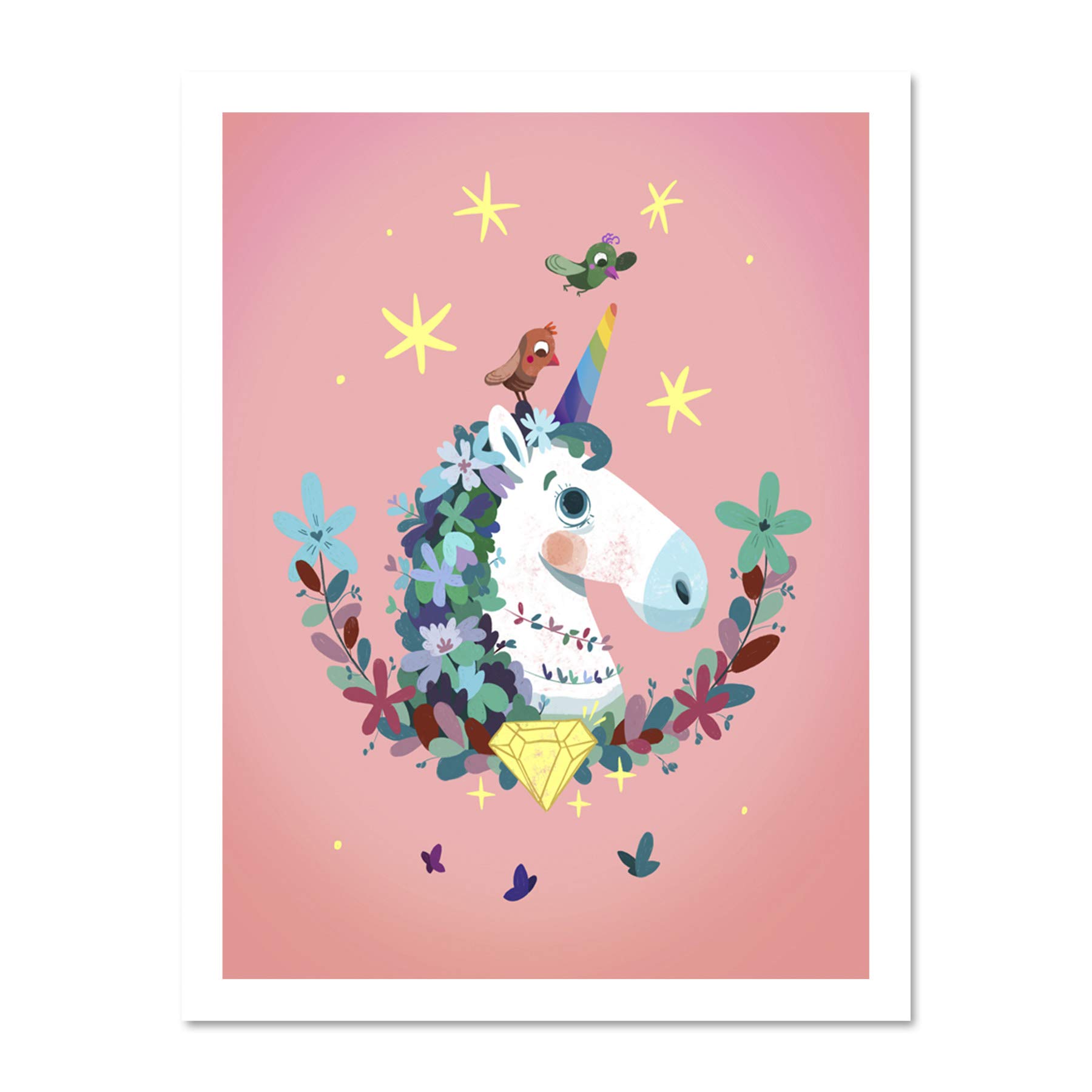 Wee Blue Coo Unicorn Diamond Birds Art Large Framed Art Print Poster Wall Decor 18x24 inch