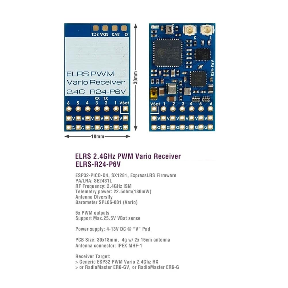 Ricevitore PWM Vario ELRS 2.4GHz ELRS-R24-P6V con Barometro per Aeromodelli RC FPV Drone Aliante