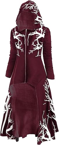 oelaio Vintage Hoodies Cloak for Women Halloween Printed Punk Dress High Low Hem Sweatshirt Dress Plus Size Adult Cosplay