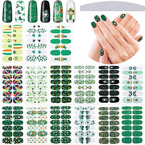15 Sheets St. Patrick's Day Nail Polish Stickers Full Wraps Nail Art Decals Self-Adhesive Nail Art Strips Irish Green Nail Tips Stickers Shamrock Nail Art Stickers with Nail File for DIY Manicure