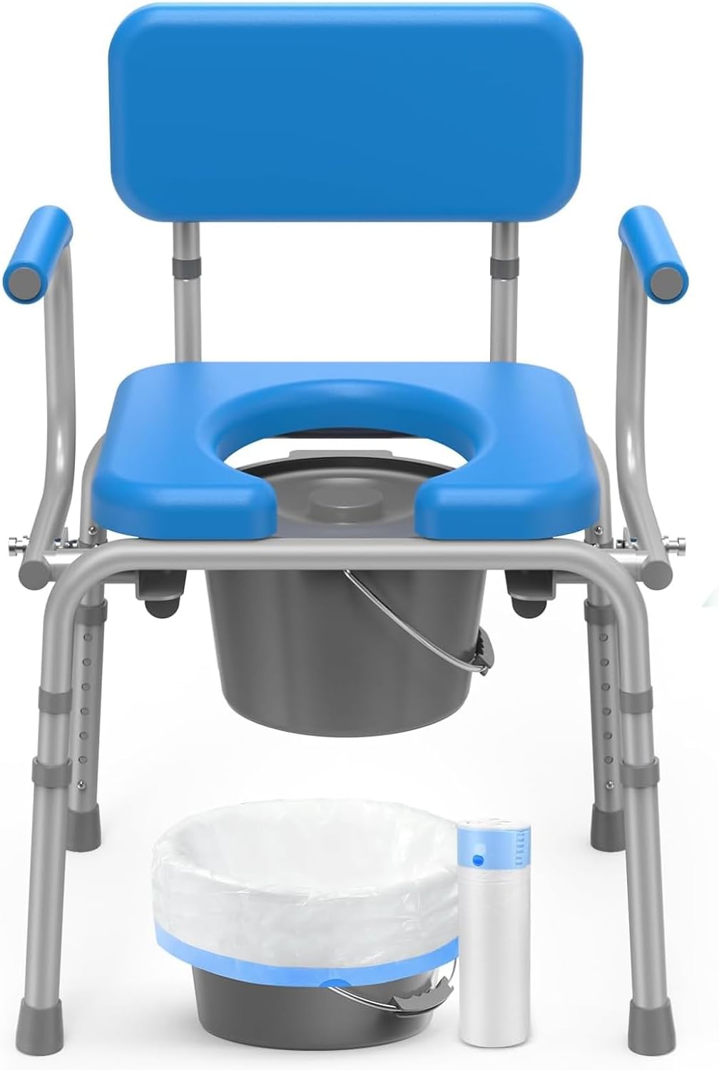 500lb Drop Arm Commode Adjustable, Padded Bedside Toilet with Liners Removable Bucket