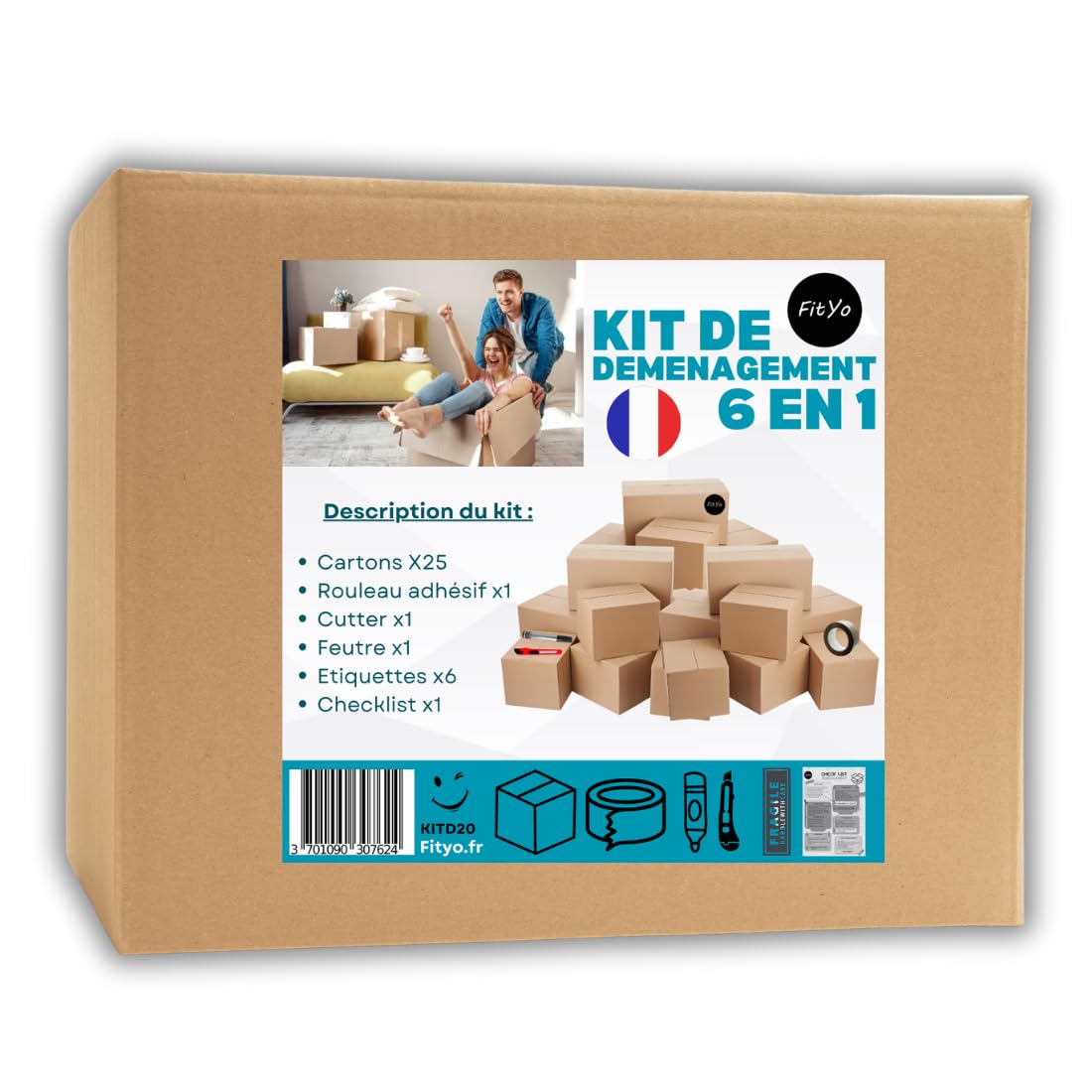 Lot de 25 Cartons de déménagement + OFFERT 1 rouleau adhésif, 1 feutre, 1 Cutter, 6 Étiquettes Fragile et 1 Checklist - Fabriqué en France - Kit de Déménagement 6 en 1