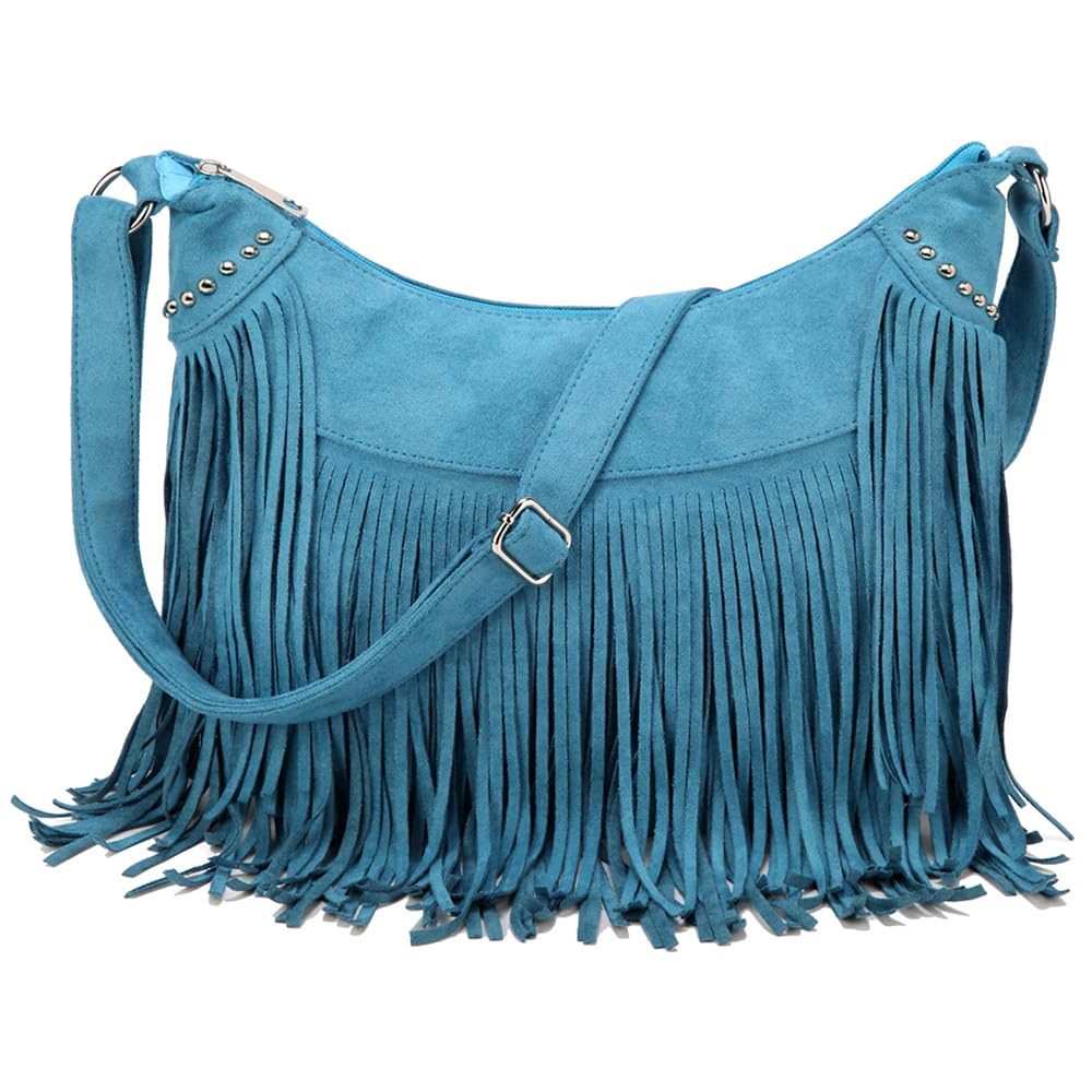 Dora & Liz Women Fashion Fringe Crossbody Bags Vegan Suede Hippie Tassel Hobo Shoulder Purse Bohemian Handbags, Blue, 14.2" L x 3.9" W x 10.3" H
