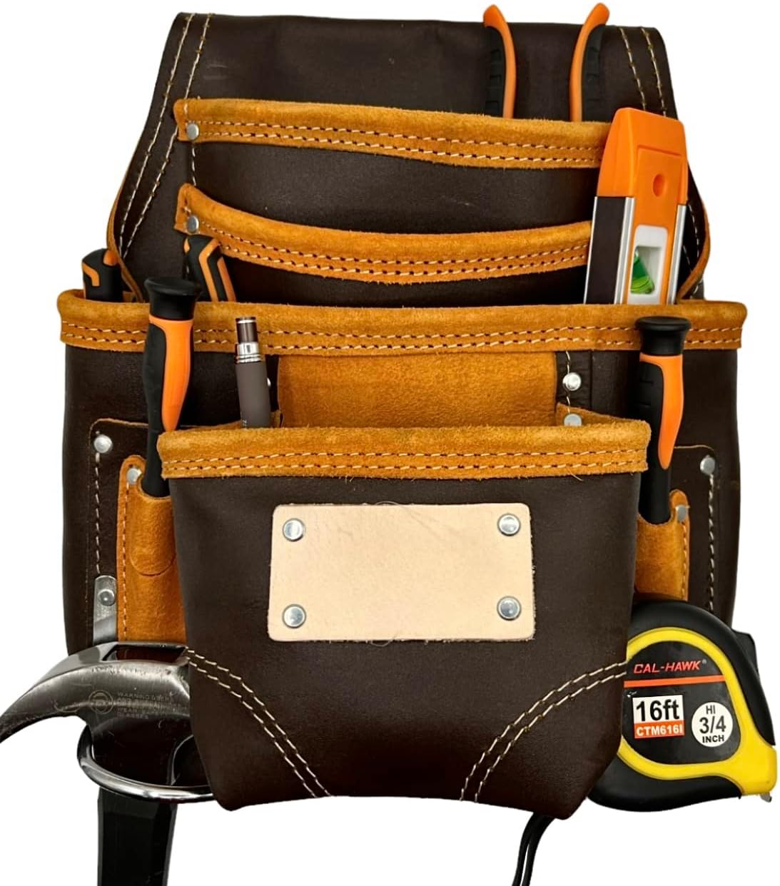 Leather Tool Pouch for Construction - Tool Pouches for Carpenters, Electricians, Drywall & Framing - Work Pouch - Screw & Nail Bags - 100% Grain Leather w/Hammer & Tape Measure Holder