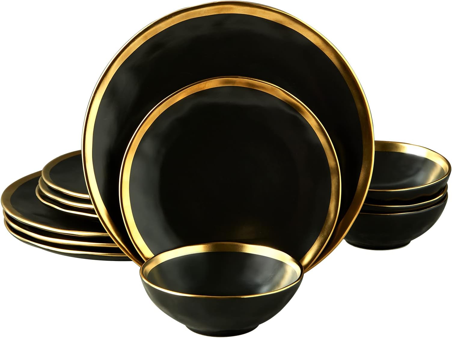Matte Black Porcelain Dinnerware Set 12 Piece Service for 4, Dishes, Round Plates, Bowls, Golden Rim Dish Set for Home Decor
