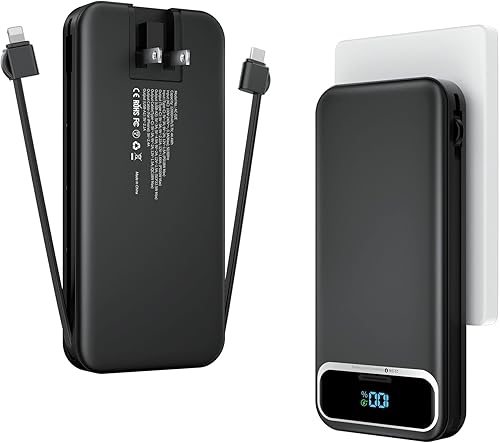 Cargador portátil ligero de 12000 mAh con cables integrados y enchufe de pared de CA, batería de carga rápida PD20W USB-C, pantalla LED, cargador