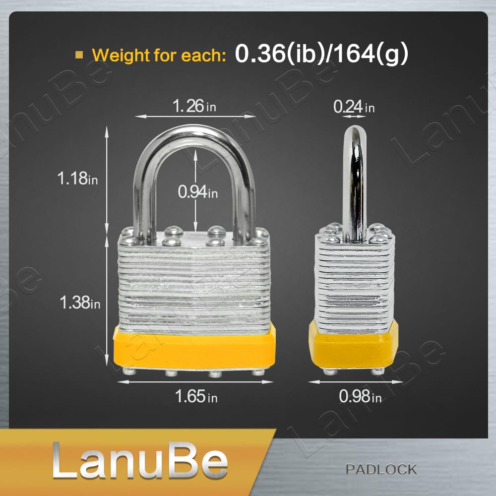 LanuBe Lot de 12 cadenas laminés à clé (40 mm), cadenas à clé identique, anse normale, cerceau en plastique jaune marqué