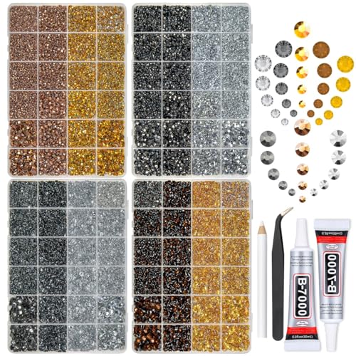 qiipii 8 Color 2-6mm Golden Silver Copper Resin Rhinestones w B7000 Jewelry Glue for Bedazzling Crafting Flatback Stones Gems Diamonds for Nails Face Eyes Makeup Tumblers Bottles DIY Crafts Clothes