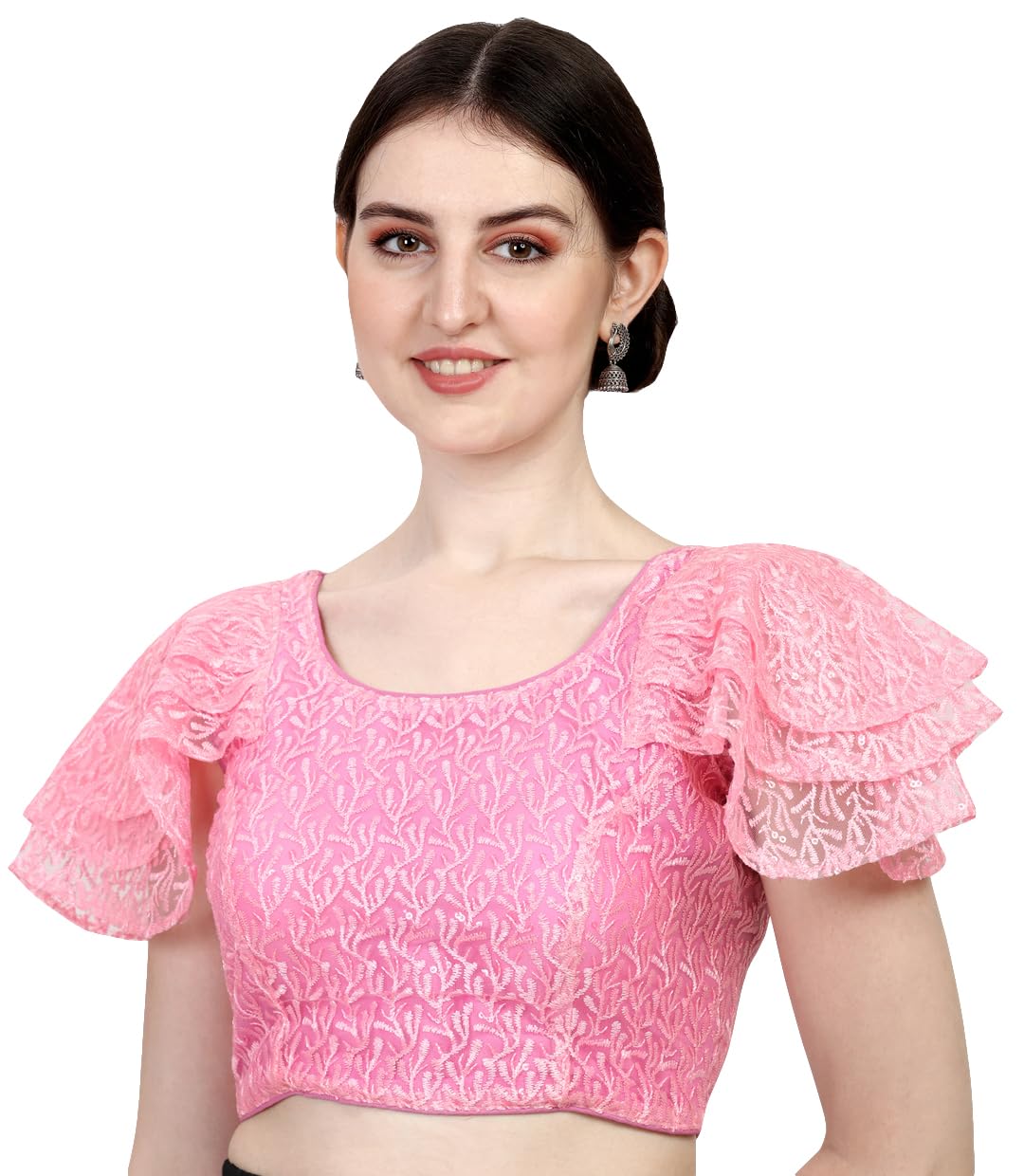 sumaira tex Women's Shipali Net Work Ruffle Sleeves Readymade Saree Blouse-picture-33