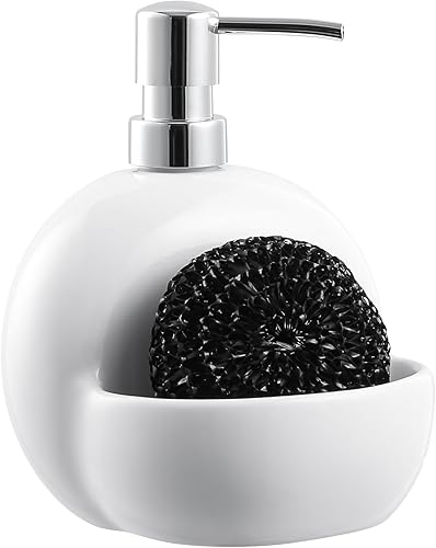 Dispensador de jabón con soporte de esponja, dispensador de jabón de cerámica para manos y platos, 25 onzas para cocina y baño