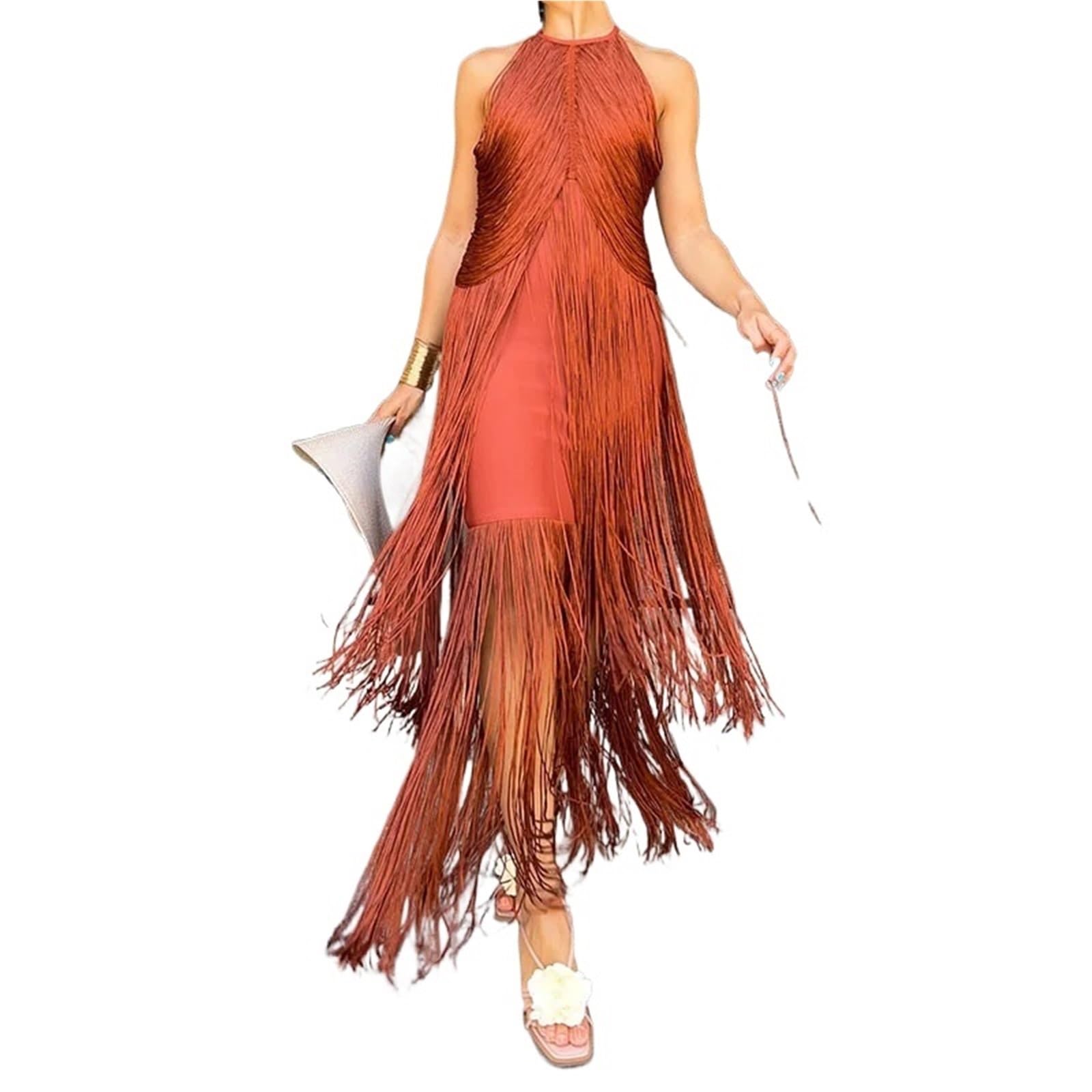 Vestido con Flecos Elegant Tassel Splicing Solid Gowns Dress Women Fashion Hight Wasit Sleeveless Long Sexy Backless Slim Evening para Mujeres