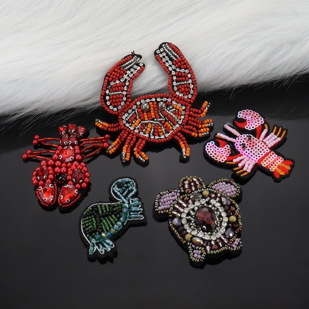 Beaded Rhinestones Lobster Crab Patches Embroidery Sequin Fabric Turtle Applique Sew on Bag Shoes Clothes Decorate Accessory 5piece