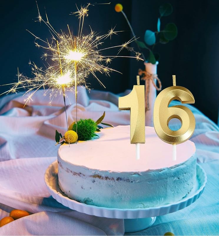 Image of Number Unscented Wax Candles 3 Inch for Birthday, Wedding, Engagement, Valentines Day Celebration, Theme Party, Bridal Shower, Bachelors Decoration Gold(Numerical No 16 or 61)