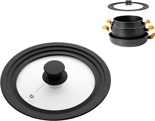 LSR Loreso Tapa universal para ollas y sartenes de 7.5 a 9.5 pulgadas, tapa de vidrio templado con borde de silicona de tamaño automático, color