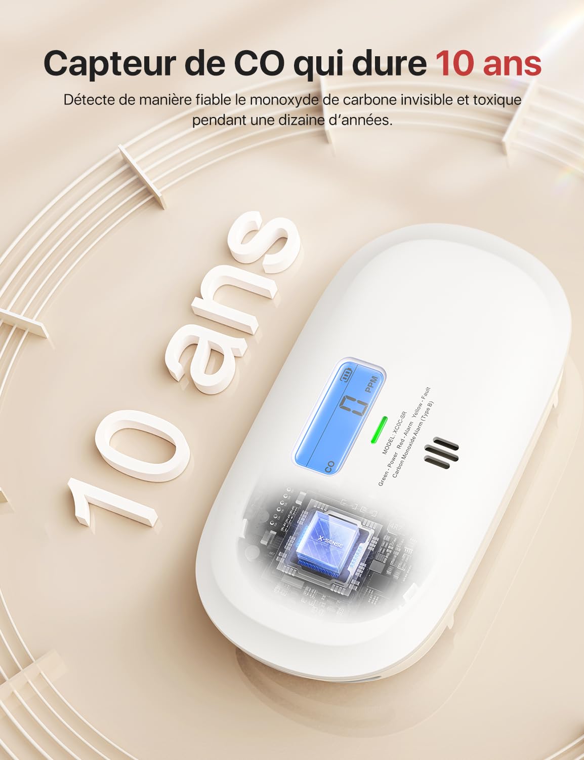 Visiter la boutique X-Sense X-Sense Détecteur de Monoxyde de Carbone Autonome, Détecteur de CO avec Durée de Vie de 10 Ans et Pile Remplaçable, Affichage Numérique et Mémoire de Valeur de Crête, XC0C-SR, Lot de 1 in use