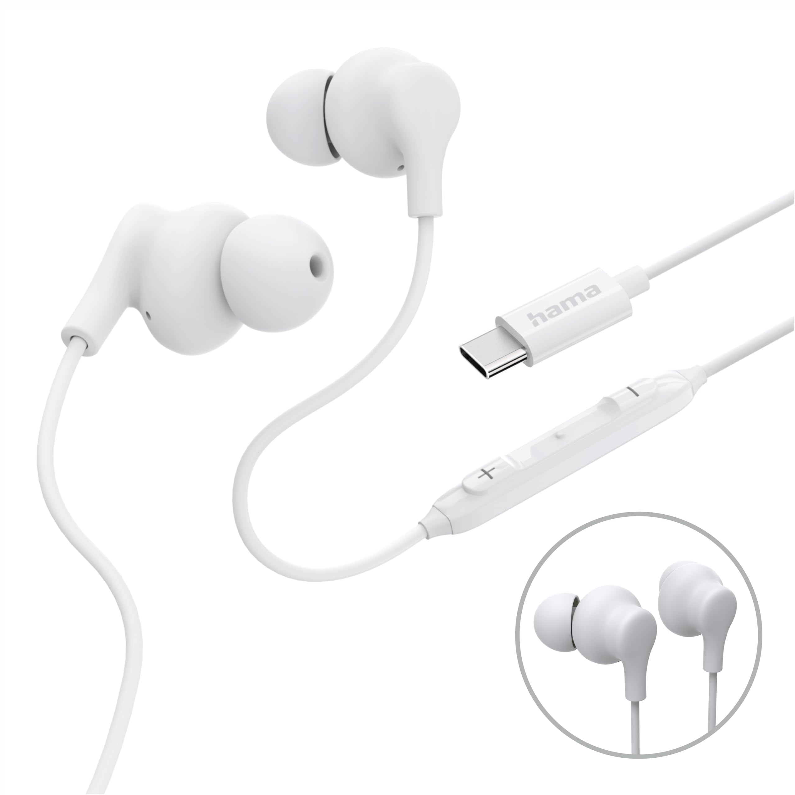 Hama, Curly Headphones, In-Ear, Microphone, Cable Kink Protection, USB-C, white