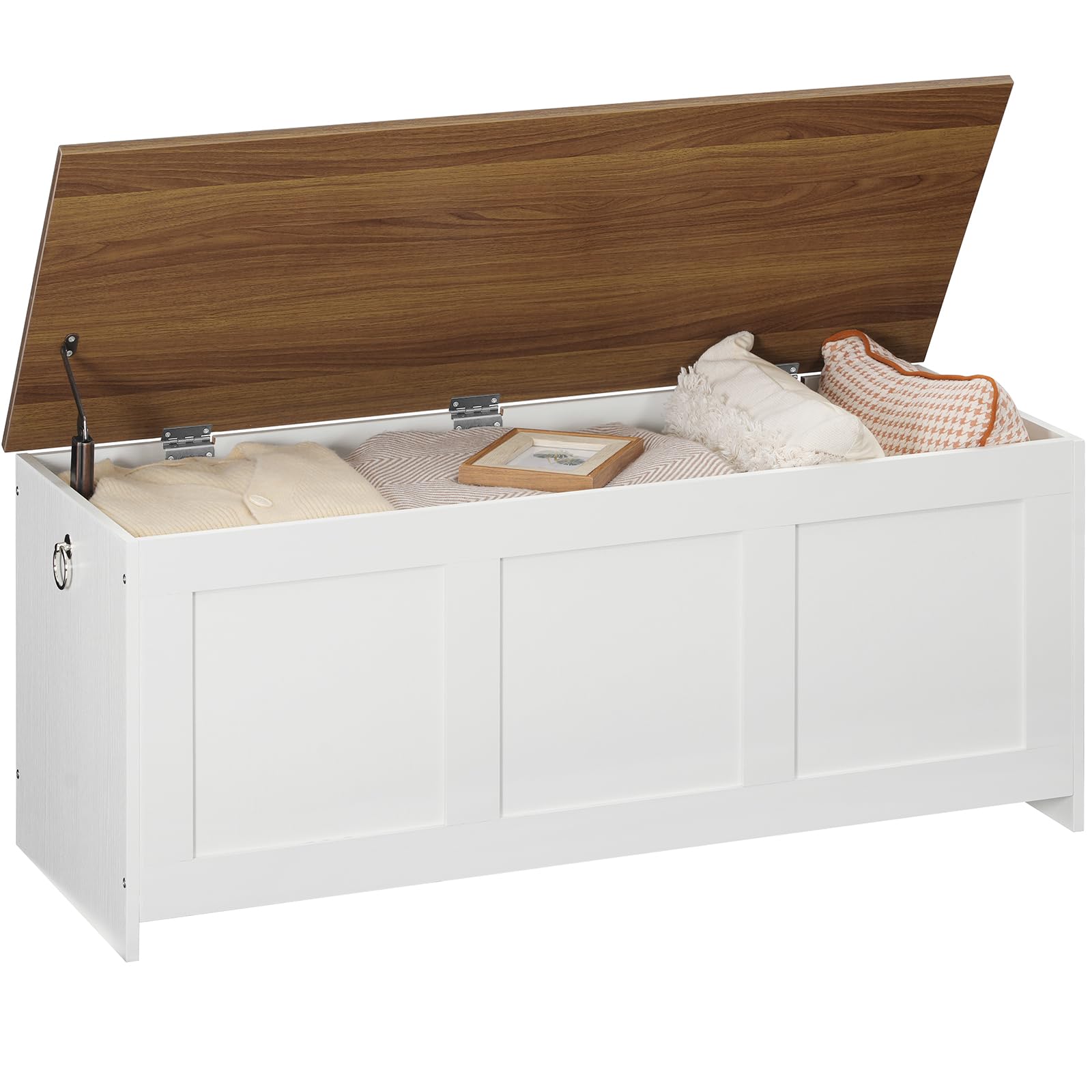 HOOBRO Cajas de Almacenamiento de 100 cm, Armario de Almacenamiento con Bisagras, Banco de Almacenaje, Caja de Juguetes con Tapa Elevable, para Entrada, Sala de Estar, Blanco y Nogal EWH141CW01