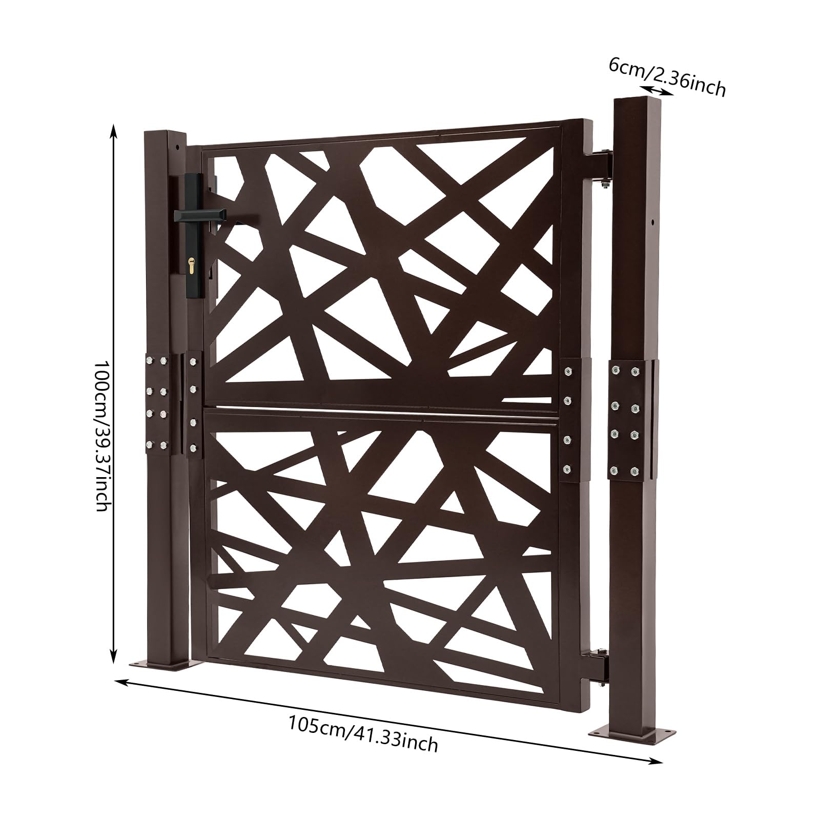 Puerta de jardín, 105 x 100 cm, color negro, para jardín, exterior, de seguridad, de metal, ángulo de apertura de 180°, cierre de seguridad con 7 llaves, para jardín, patio y terraza (marrón