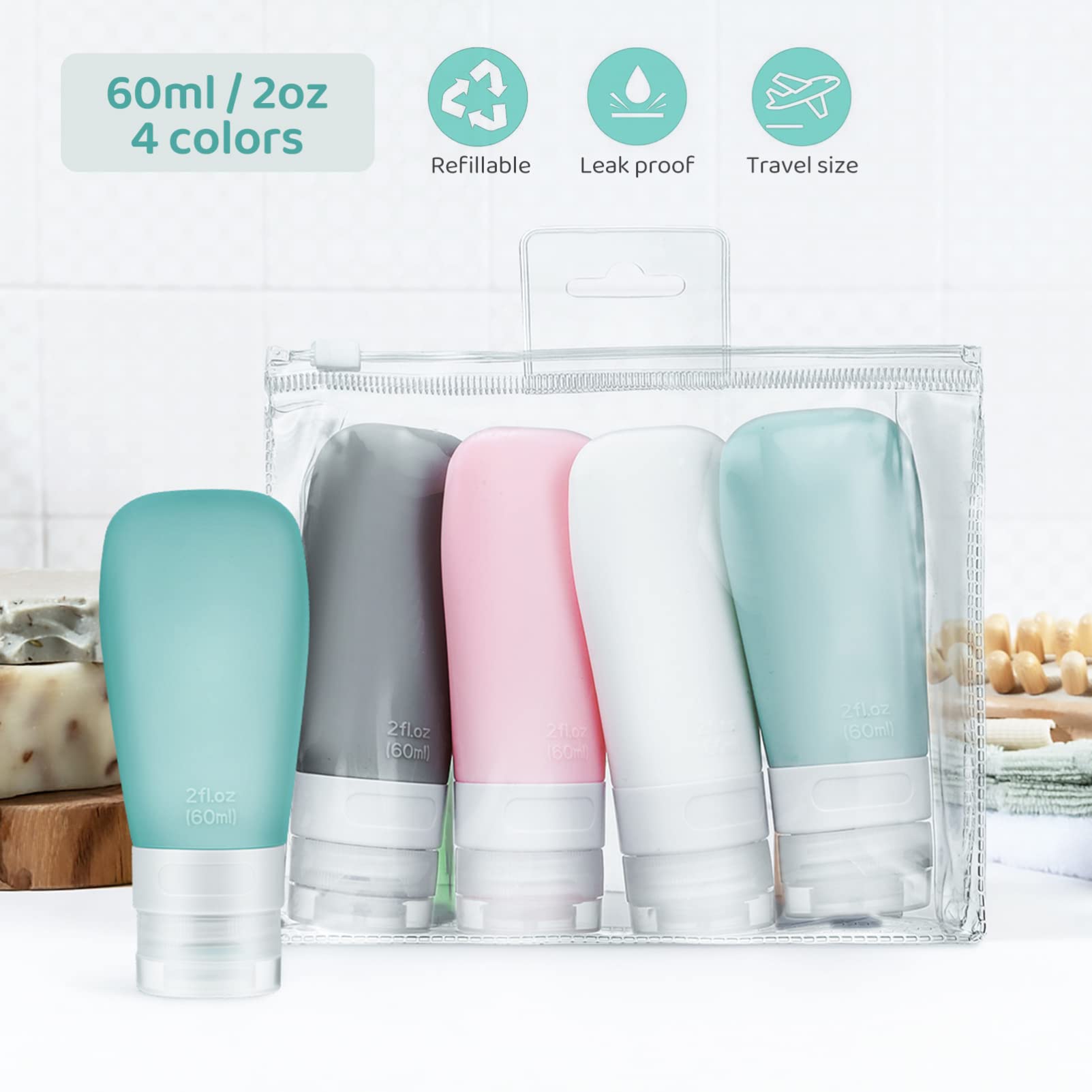 Beavorty 4 Pcs Silicone Travel Bottles Empty Refillable Tubes Bottles Squeezable Tubes Squeeze Travel Bottles with Caps for Shampoo Lotion Soap Liquids - Image 2