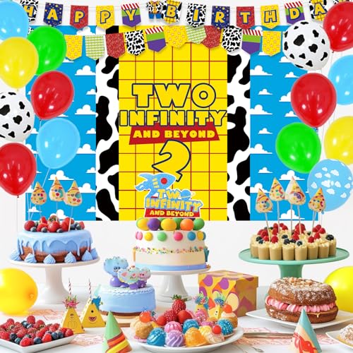 Party Inspo Two Infinity and Beyond Birthday Decorations, 2nd Birthday Decorations for Boy, Blue Toy Theme Inspired Story 2nd Party Decorations, Backdrop Balloon Banner Cake Topper Box
