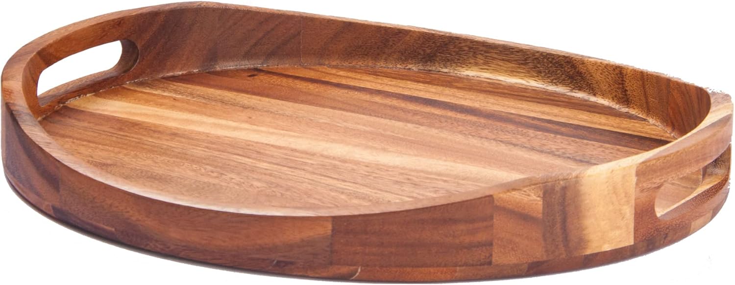ZESPROKA Wooden Decorative Serving Tray - Acacia Wood Tray with Handles - Candle Holder Tray - Round Farmhouse Rustic Ottoman Tray - Circle Display Platter for Kitchen, Bar, Living Room : Home & Kitchen