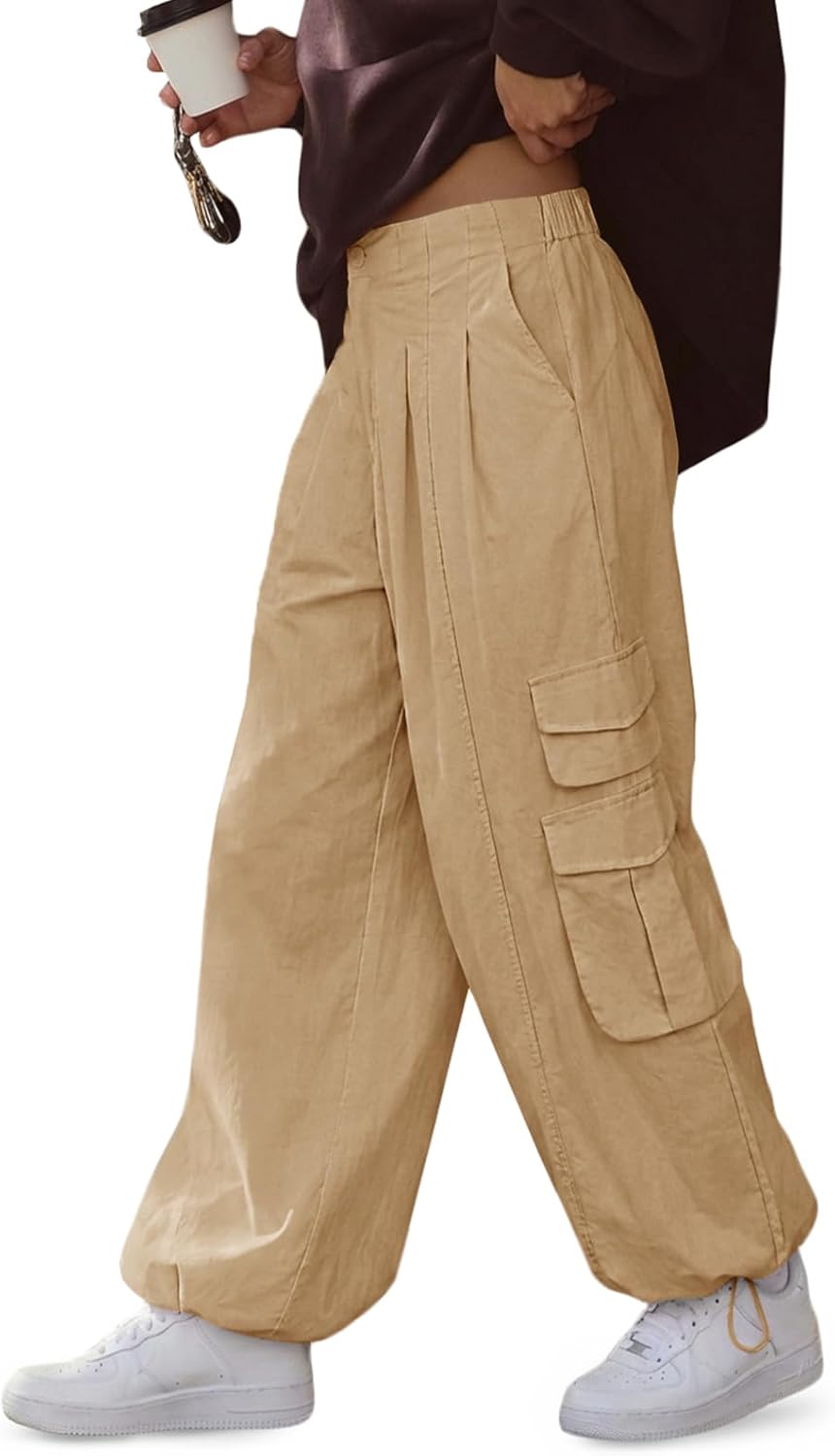 Fisoew Cargo Pants Women Wide Leg Elastic Waist Casual Y2K Barrel Parachute Baggy Pants Woman Trousers with Pockets