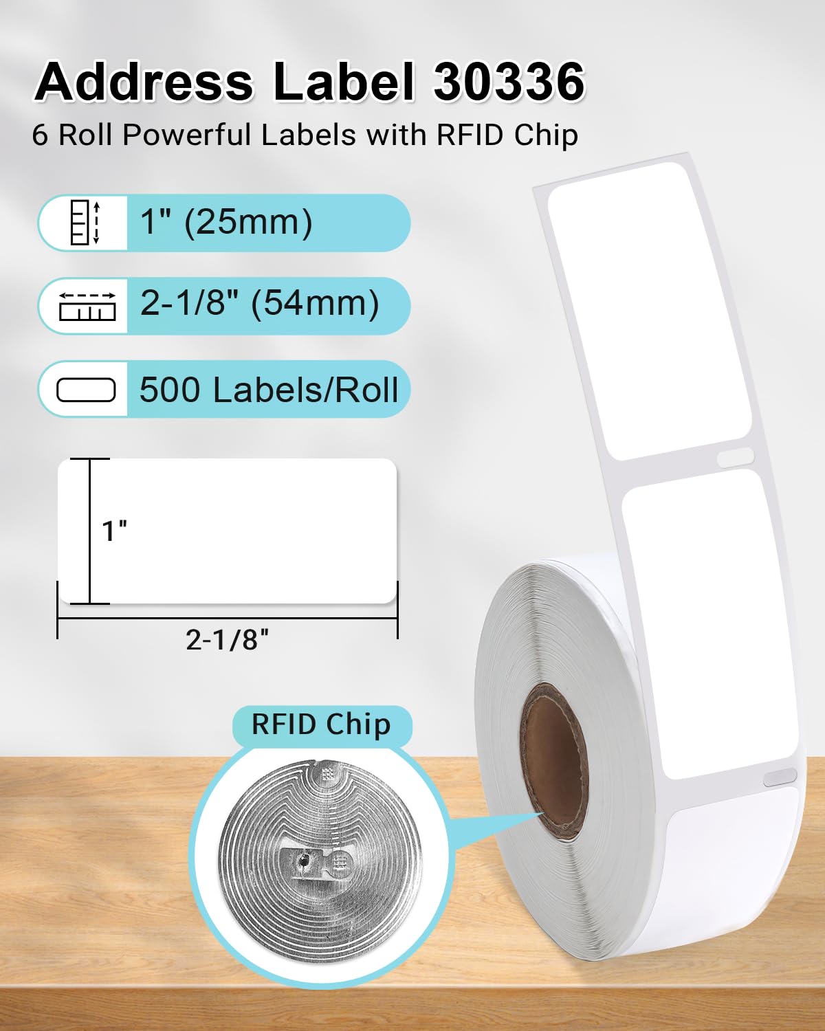 Compatibile con DYMO 30336 (1" x 2-1/8") con etichetta termica con chip RFID | Etichette per codici a barre adatte per Dymo Label Writer 5XL, LW550, LW550 Turbo (6 rotoli/3000 etichette)