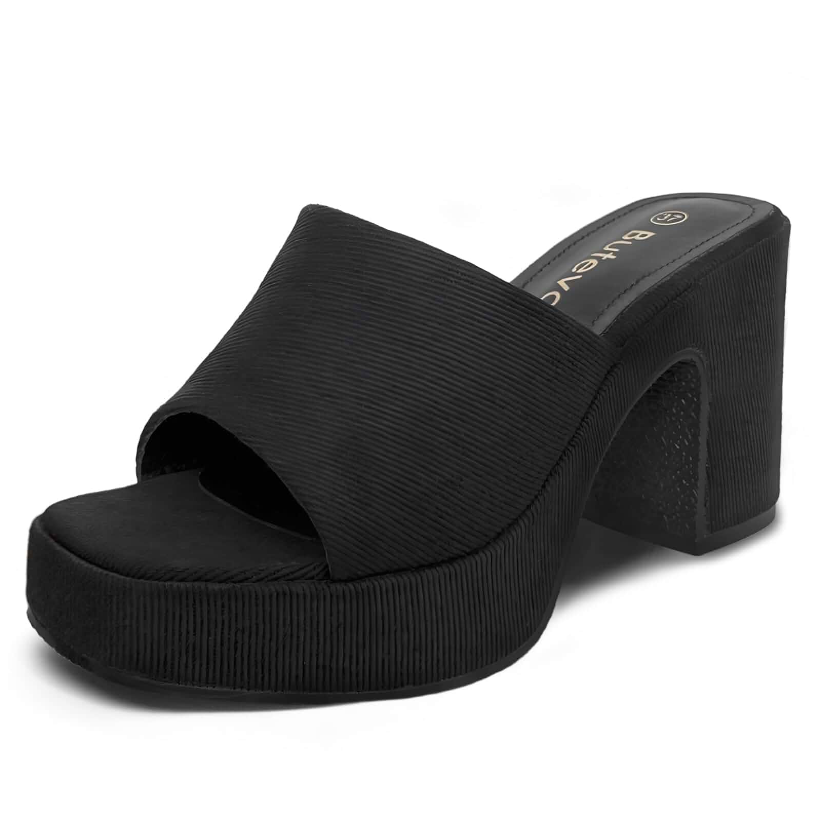 Butevar Women's Square Toe Heels Chunky Comfort High Heeled Sandals Slip on Mules Block Platform Heels Casual Dress Shoes