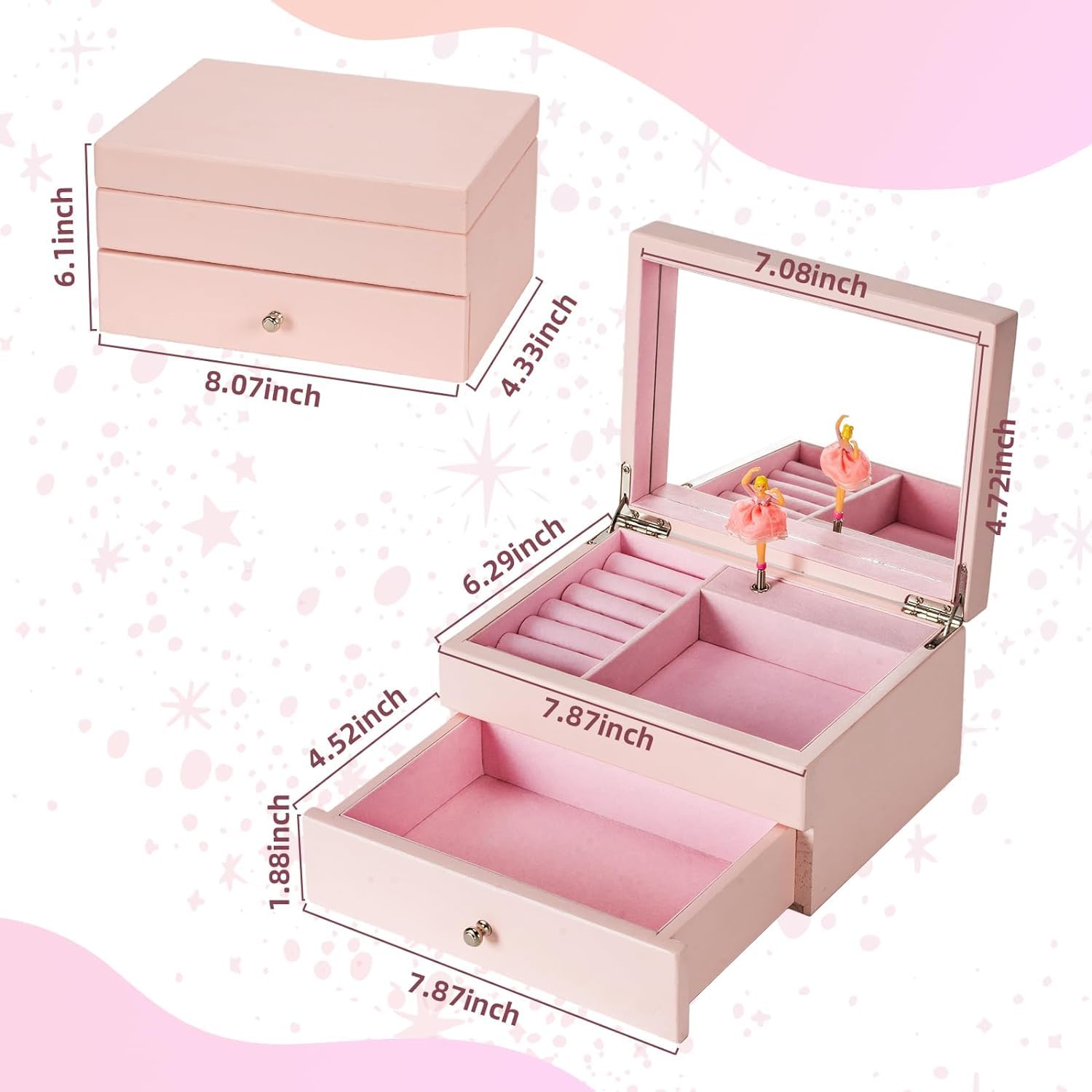2 Niveles Joyero Niña, Joyero Musical Niña de Madera con Bailarina Giratoria, Joyero Musical Bailarina para Niñas Pequeñas, Navidad, Cumpleaños, Día del Niño, Año Nuevo Regalo (Rosa)