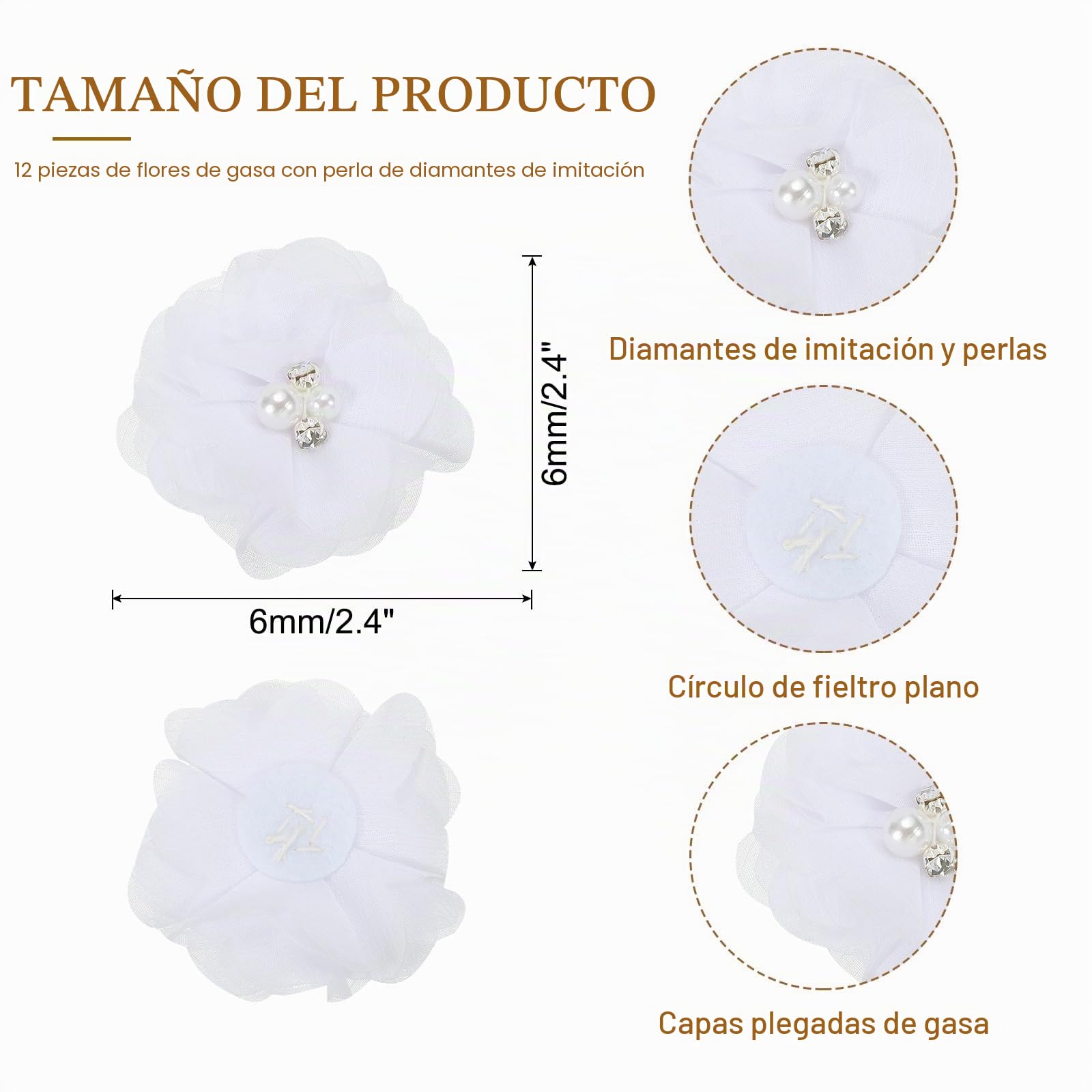 PATIKIL 2" Flores de Gasa, 12Pcs Flores de Tela con Estrás y Perlas Artificiales para Coser, Adornos para Ropa, Bricolaje de Bodas, Decoración de Diademas, Blanco