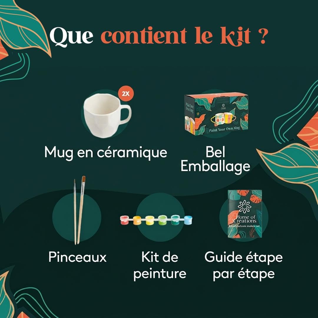 Home of creations Kit Peinture sur Céramique – Coffret Créatif avec 2 Grands Mugs Blancs, Peintures Spéciales Porcelaine et Pinceaux – Activité DIY et Cadeau Personnalisé pour Adultes et Enfants