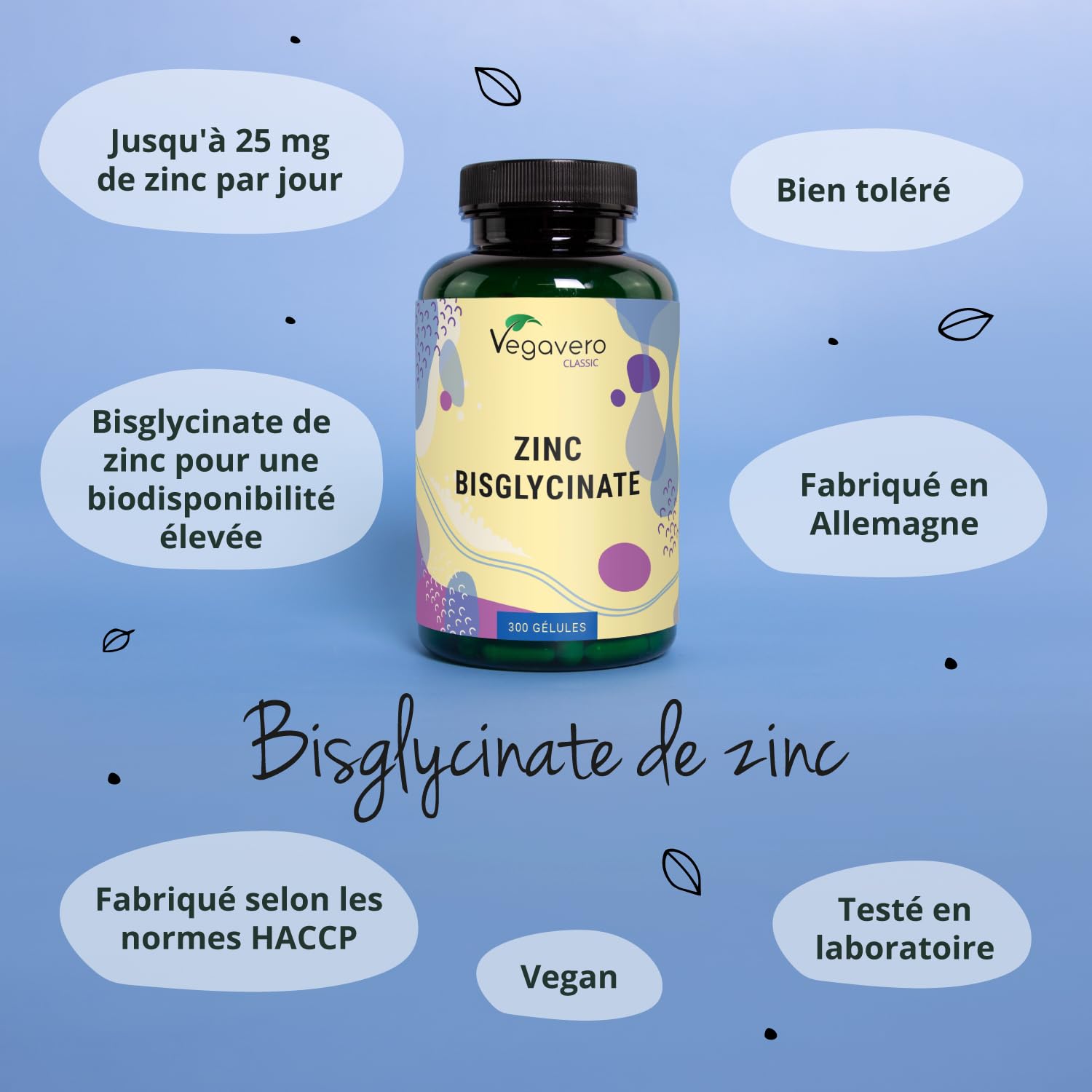 Zinc Bisglycinate | 300 Gélules | 100% Pur – Sans Additifs | Haute Absorption + Vegan | Complément Alimentaire Peau (Acné) + Immunité | Vegavero®