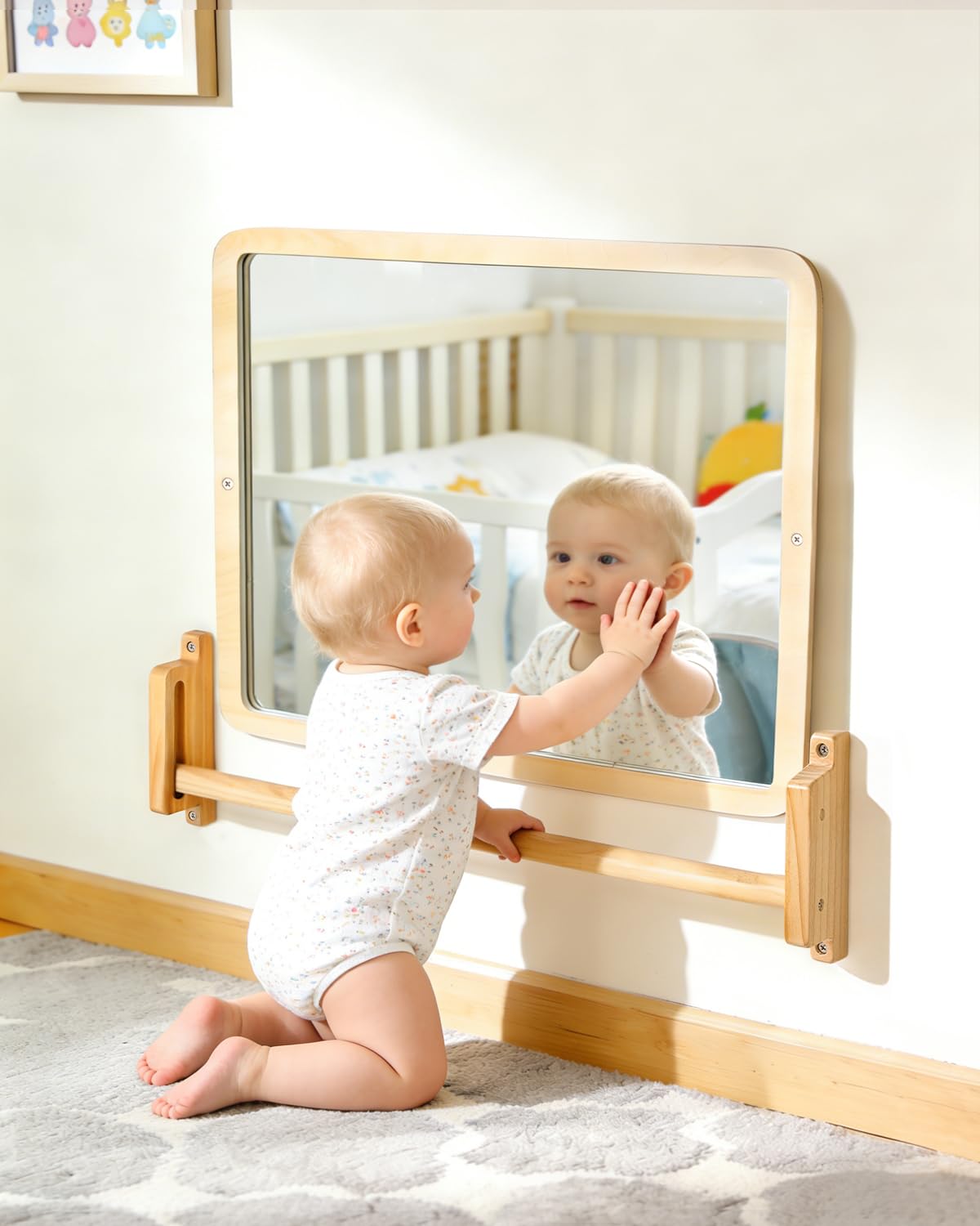 Montessori Espejo con barra – Espejo de madera ajustable en altura para aprender a montar y aprender a caminar – Espejo de pared seguro con barra antigiro para niños de 6 a 18 meses, promoción