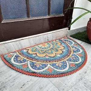 AVIONI Home Floor Mats in Beautiful Rangoli Design | Half Circle Rugs | Anti Slip, Durable & Washable | Outdoor & Indoor - 84cm x 135cm (~33