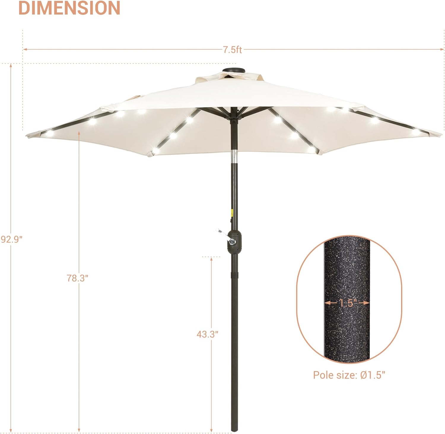 7.5ft Solar Patio Umbrella, Steel umbrella outdoor patio with Tilt and Crank, Waterproof Sunshade Canopy, 6 Ribs Outdoor Umbrella for Garden Deck Backyard Pool,Beige